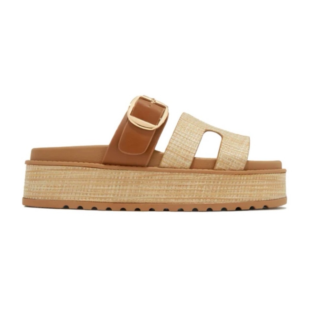 Beige Raffia Slip On Chunky Platform Sandals - Picture 5 of 7